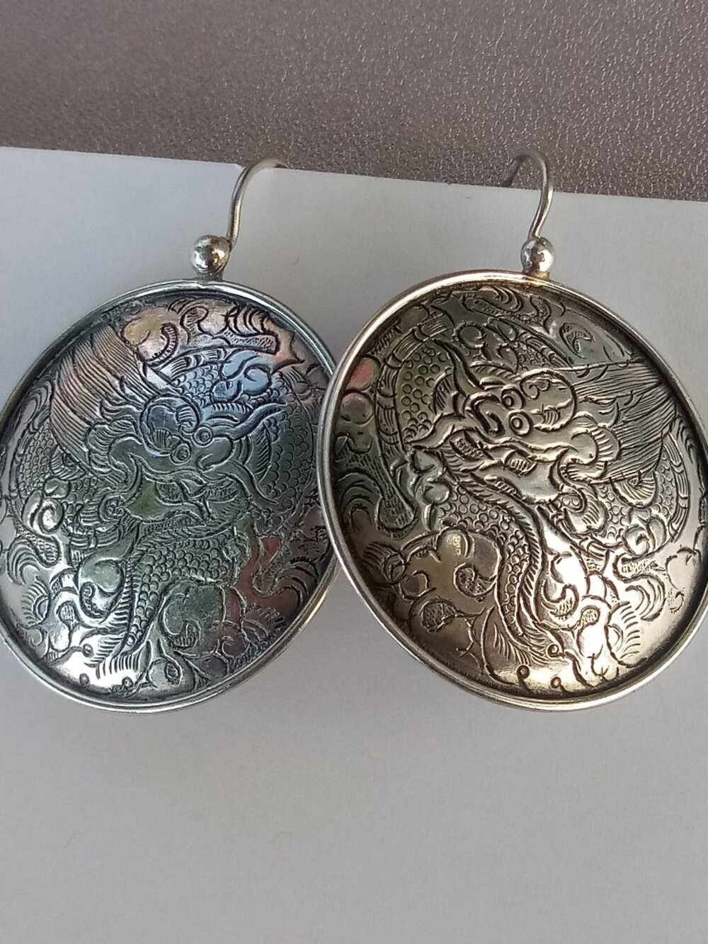 Silpada Sterling Silver Etched Asian Dragon Circle Disc Earrings W1228